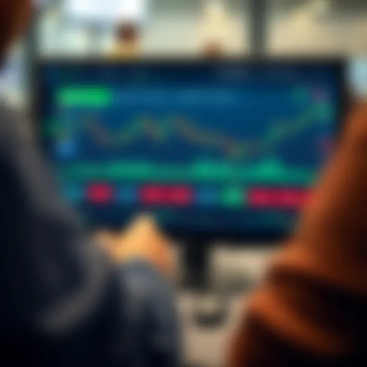 Illustration of a trading platform interface displaying a simulated stock market dashboard