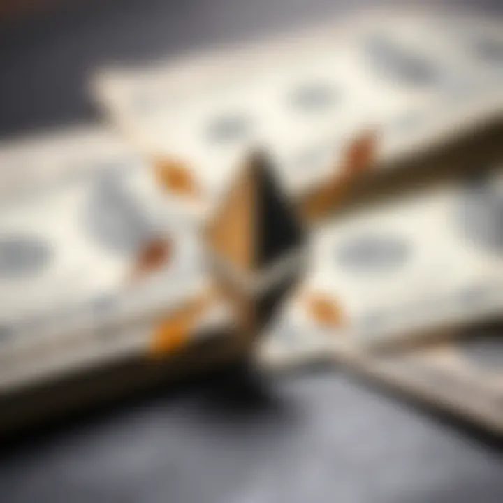 Illustration of Ethereum cryptocurrency symbol alongside US dollar bills with arrows indicating market dynamics