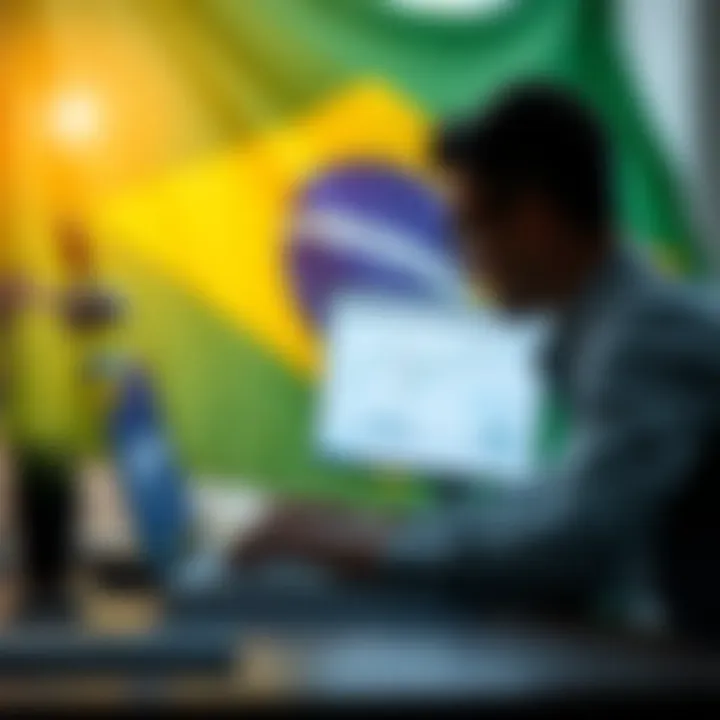 Illustration of a trader using Quotex platform on laptop with Brazilian flag in background