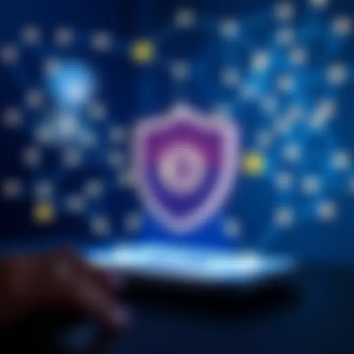 Illustration of secure cryptocurrency transactions with shield and blockchain network