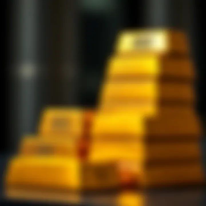 Gold bars stacked to show varying standard weights and sizes