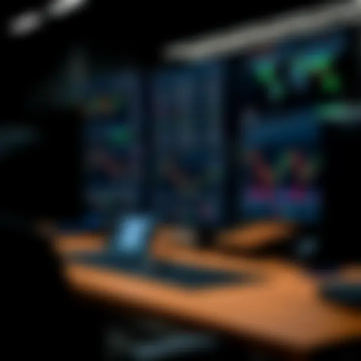 Trading desk setup with multiple screens showing Forex market charts and currency exchange rates