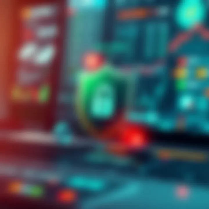 Security shield icon surrounded by digital elements representing data protection in trading