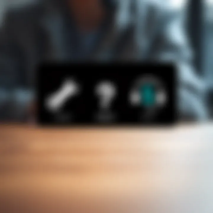 Graphic depicting troubleshooting icons such as a wrench, question mark, and support headset representing user assistance for Quotex outages