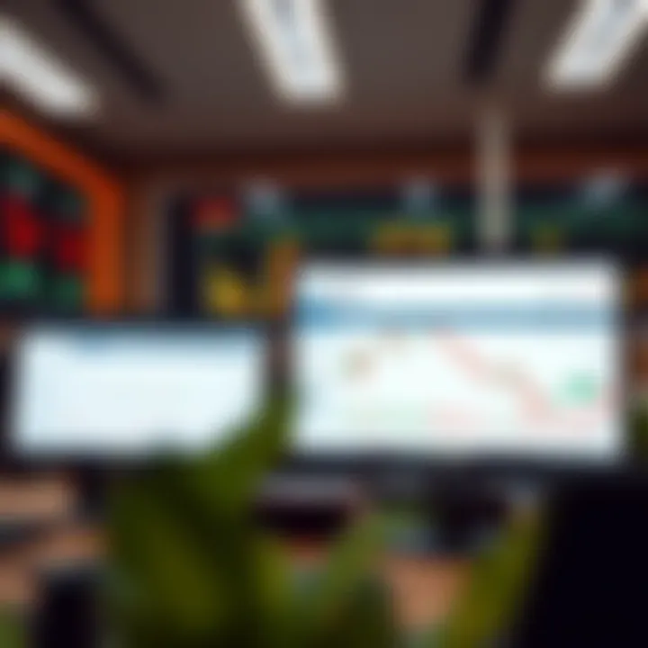 Graph showing different trader platform features and user interfaces on computer screens