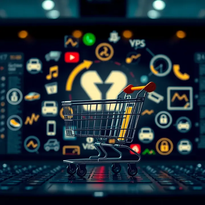 Overview of How Online Commerce Operates Digital shopping cart with various online product icons surrounding it