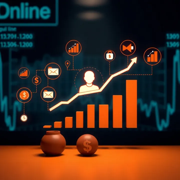 Graphic representation of increasing affiliate revenue with charts and connected marketing icons