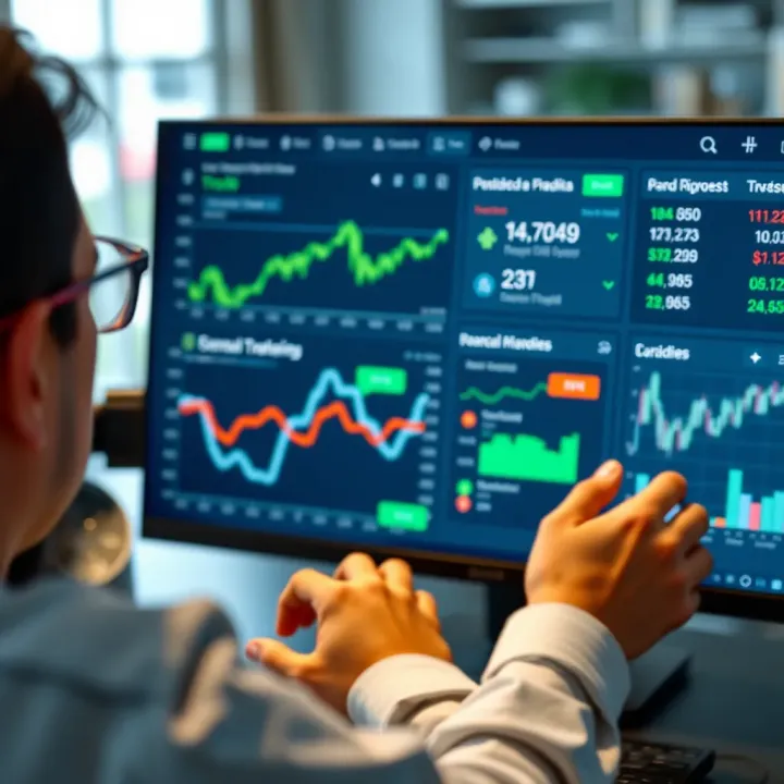 User interacting with a digital investment platform showing various financial charts and options