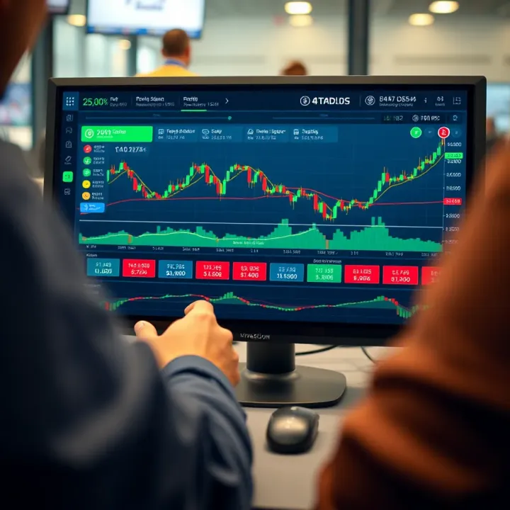 Illustration of a trading platform interface displaying a simulated stock market dashboard