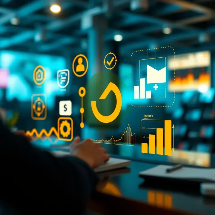 Digital marketing icons representing online presence, social media, and analytics for small businesses