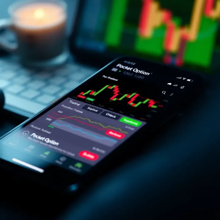 Mobile device displaying Pocket Option app interface with trading charts and options