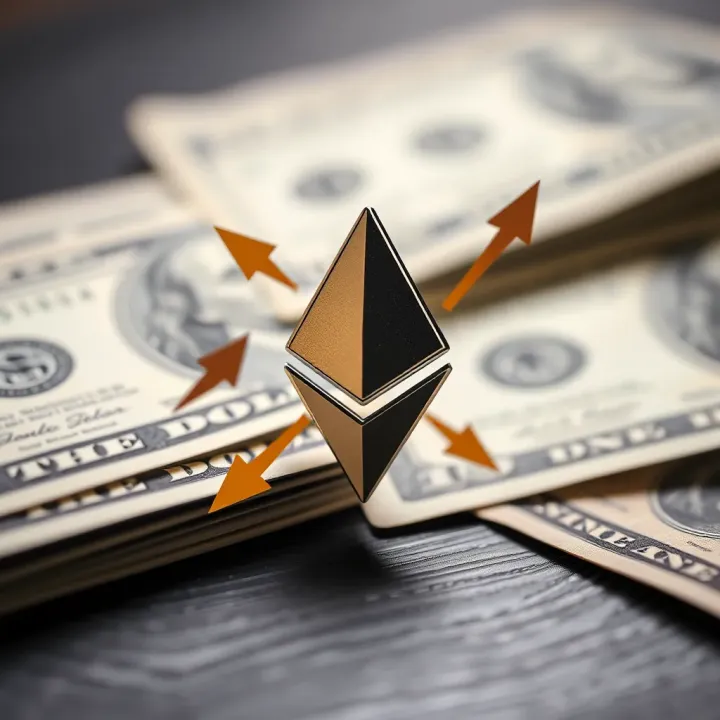 Market Dynamics Between Ethereum and the US Dollar Illustration of Ethereum cryptocurrency symbol alongside US dollar bills with arrows indicating market dynamics