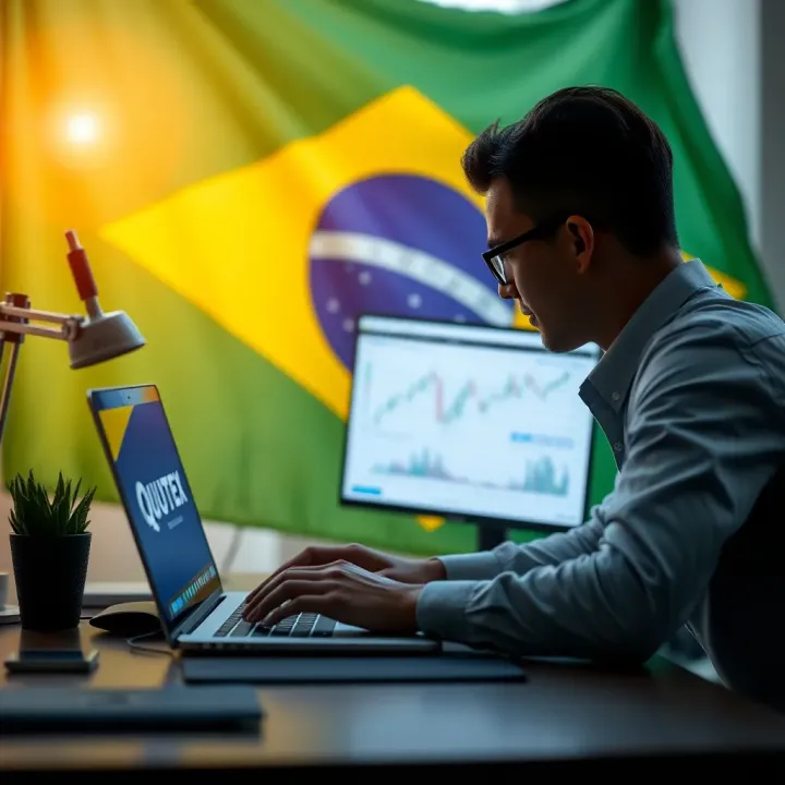 Trading on Quotex Platform in Brazil: Key Features and Strategies Illustration of a trader using Quotex platform on laptop with Brazilian flag in background