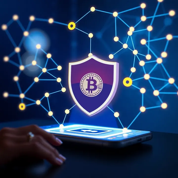 Illustration of secure cryptocurrency transactions with shield and blockchain network