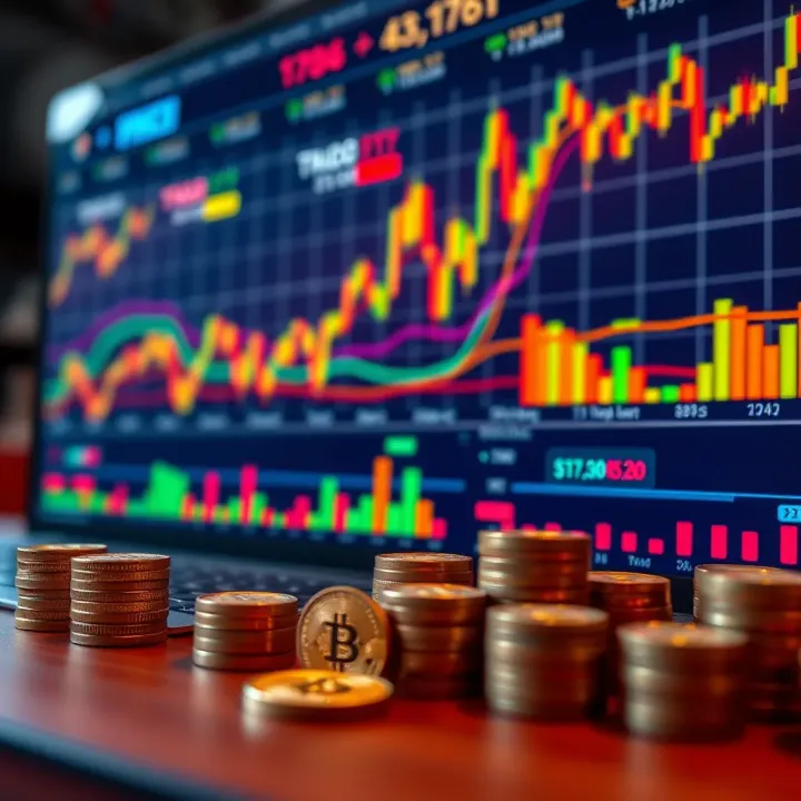 Colorful graphical representation of various online trading assets including stocks, forex, and cryptocurrencies