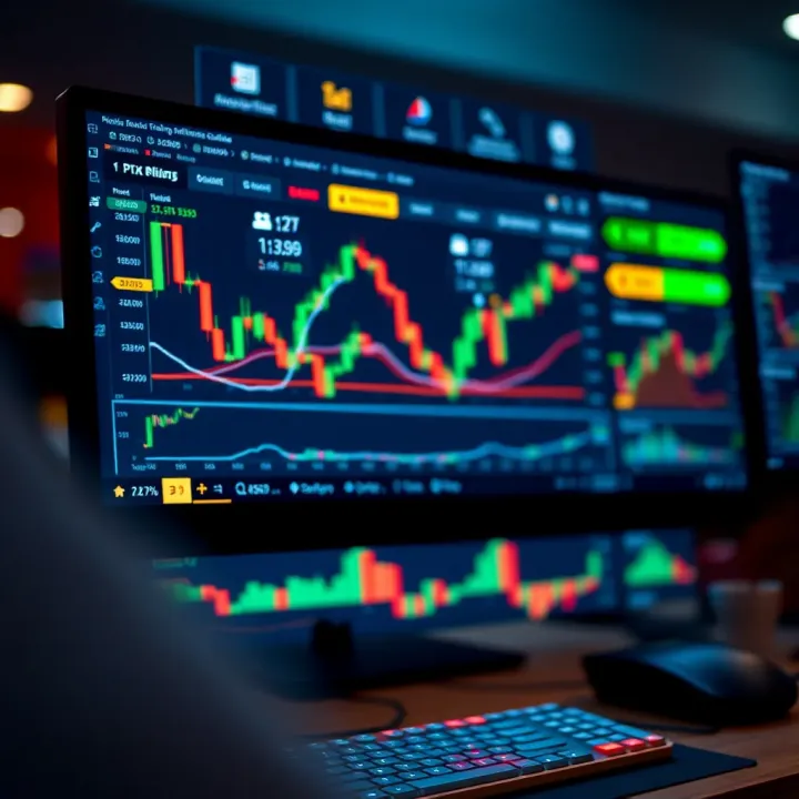 Screenshot of a digital trading platform showing market charts, trading tools, and risk management features