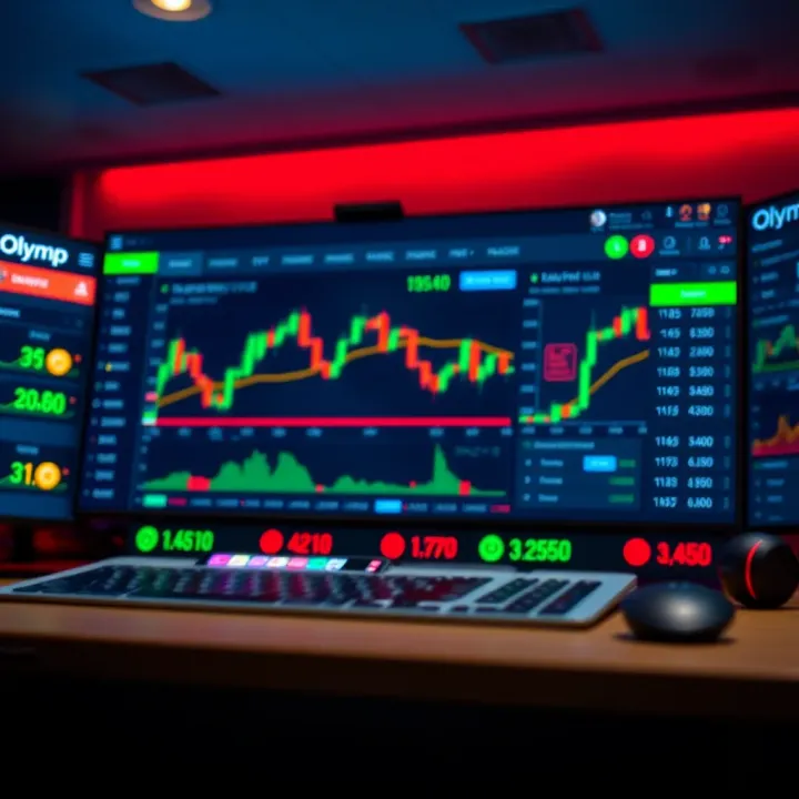 Illustration showing the Olymp Trade platform interface with charts and trading options