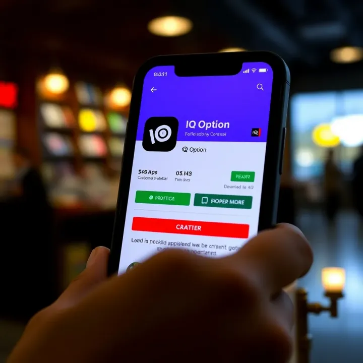 Smartphone screen displaying the IQ Option app download page from an official app store
