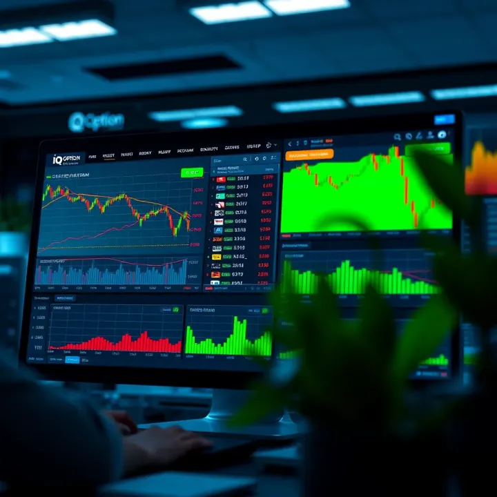 Screenshot showing the main dashboard of IQ Option platform with various trading instruments