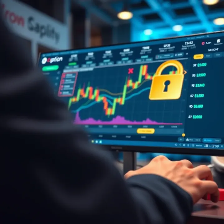 User navigating the IQ Option trading platform interface with security settings visible