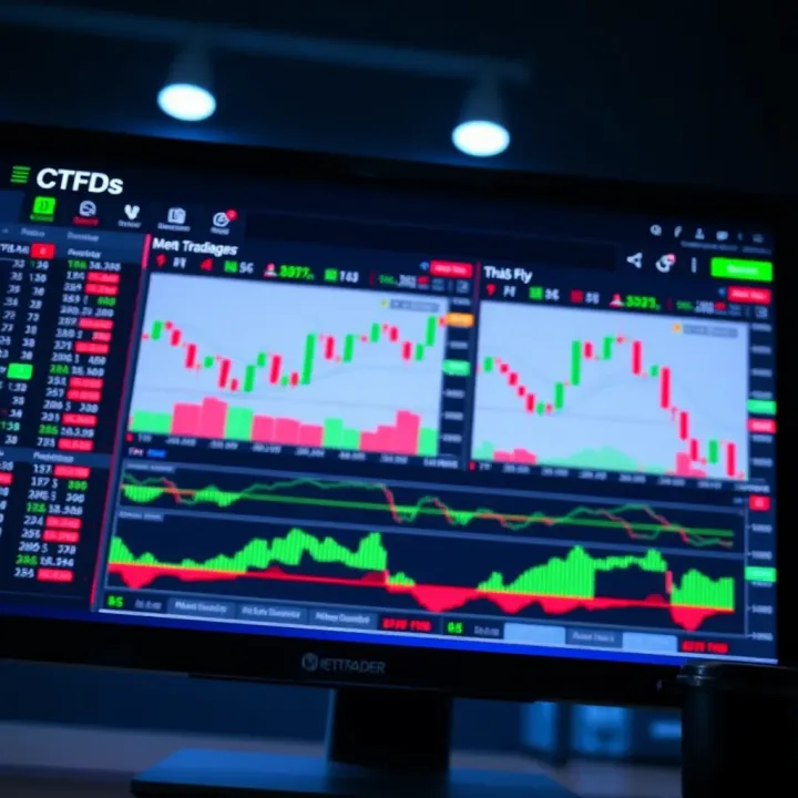 Interface of MetaTrader platform showing real-time CFD trading charts and indicators