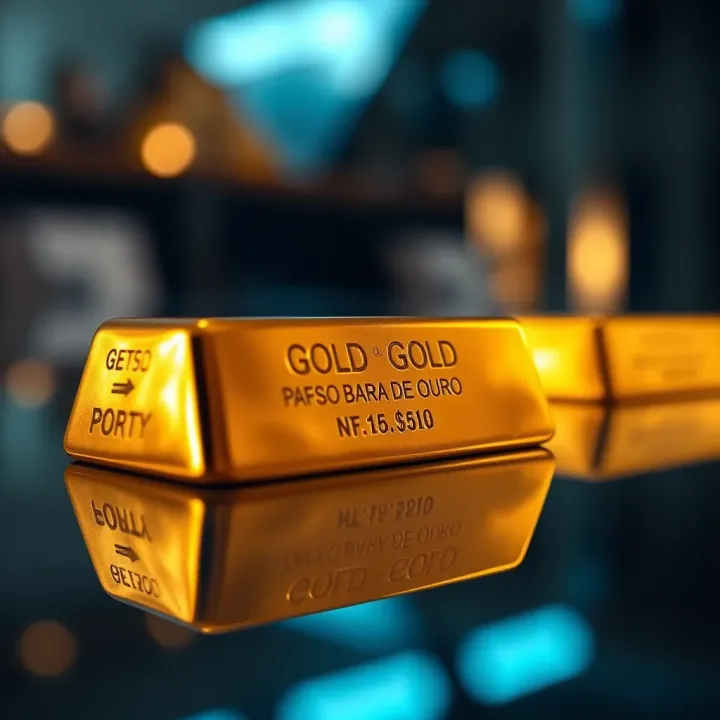 Close-up view of a gold bar with visible weight markings and purity stamp on a reflective surface