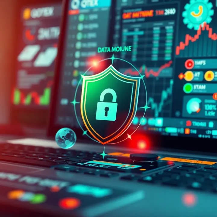 Security shield icon surrounded by digital elements representing data protection in trading