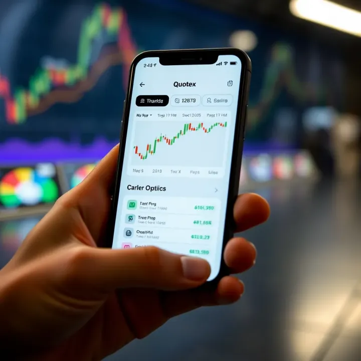 Mobile device displaying the Quotex app interface showcasing financial trading options and chart analytics