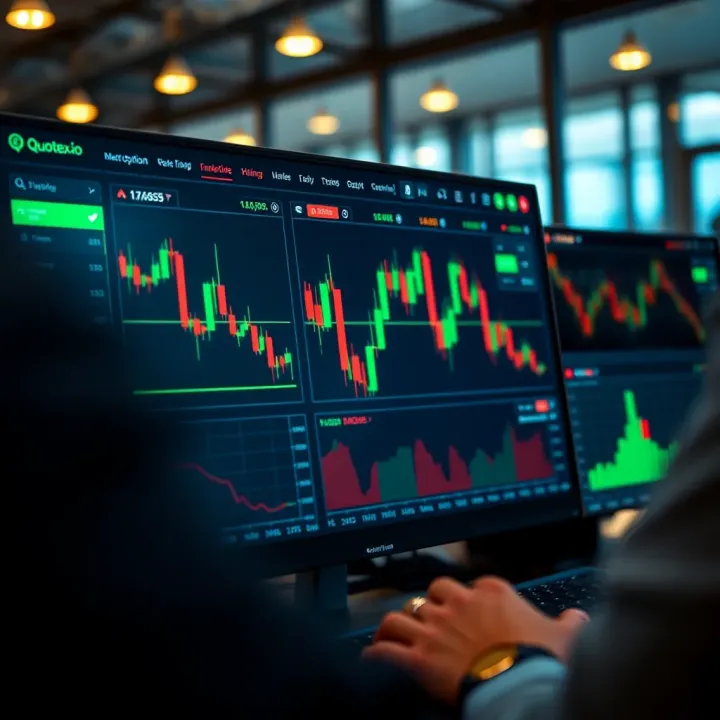 Dashboard interface of Quotex.io showing binary options trading charts and tools