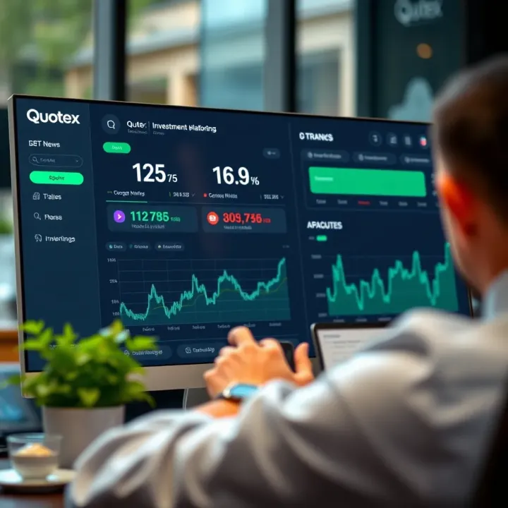 Screenshot of Quotex platform dashboard displaying investment options and market trends
