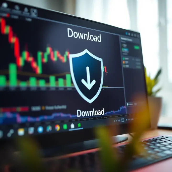 Secure download indication on computer with shield icon representing safety