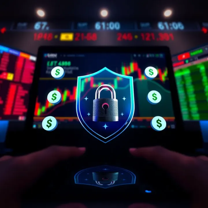 Illustration of secure online trading environment with shield and digital currency symbols
