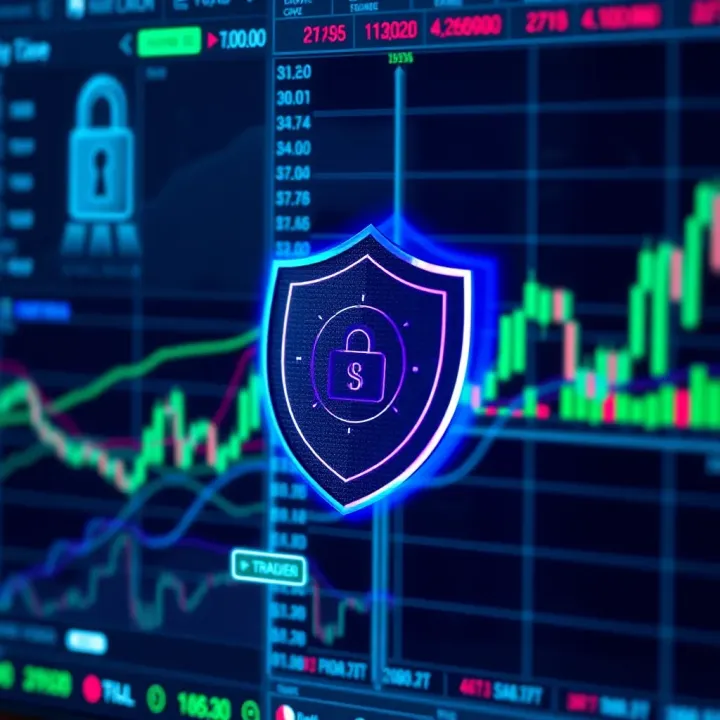Secure Trading Environment Highlighting Data Protection Security shield icon overlaying digital financial data to represent secure trading environments