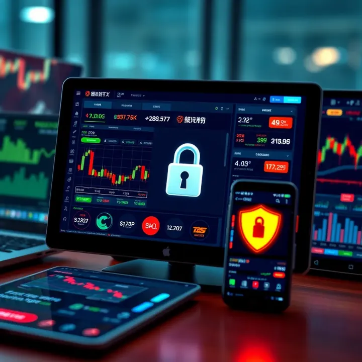 Various types of trading platforms displayed on different digital devices with security features highlighted