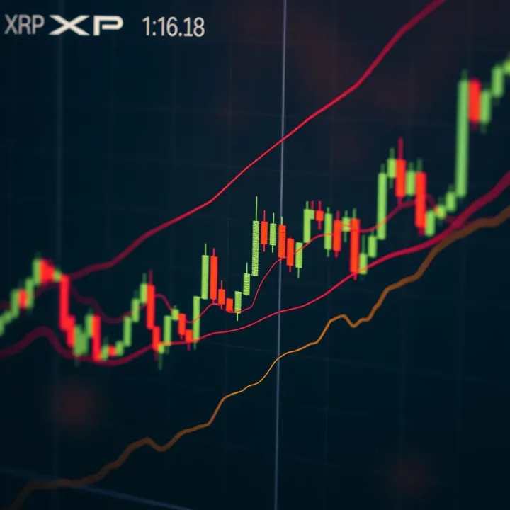 Graph showing XRP price fluctuations against the US dollar with trend lines and candlestick patterns